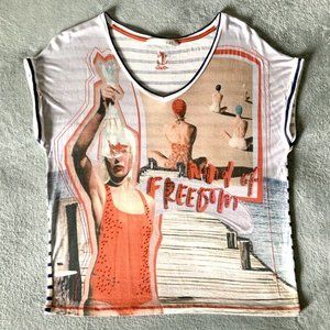 OUI WIND OF FREEDOM Top M Collage Print Swimmer Vintage Swimsuit Fish Sea Ocean